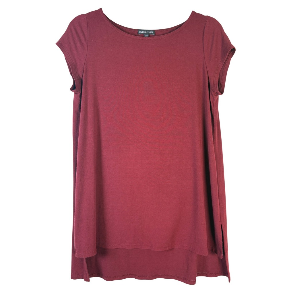 Eileen Fisher Burgundy Short Sleeve High Low Tunic Top Size Small S/P Wine Red